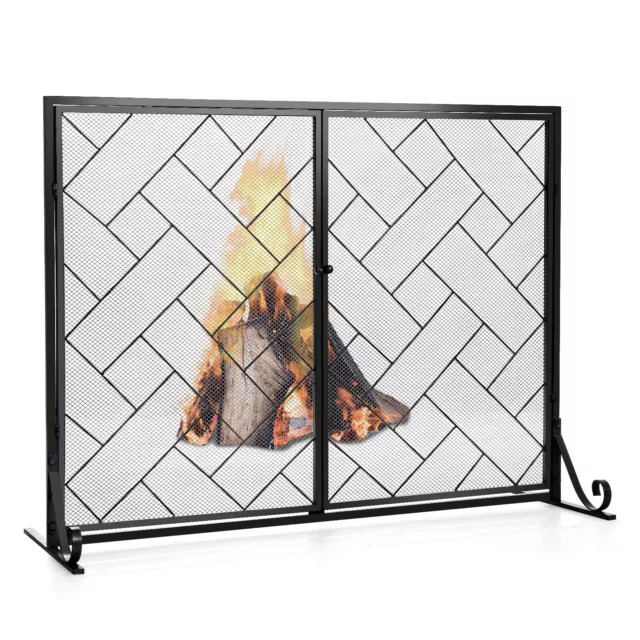 2-Panel Fireplace Screen w/ Double Door Fire Spark Guard Safety Fence Black