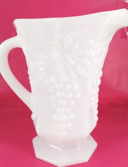 Vintage Anchor Hocking Pitcher White Milk Glass Grapes & Leaves Design