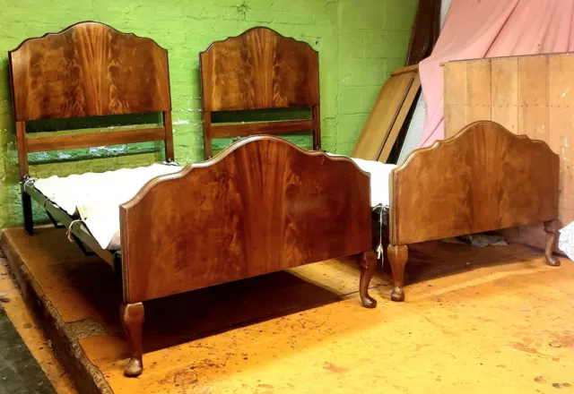 Good pair of adult walnut standard single beds 1950s with original sprung bases