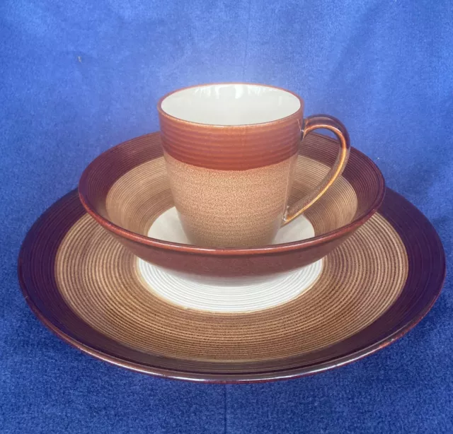 Sango Stoneware Capri Brown Tan Cream Bands Plate Bowl & Mug