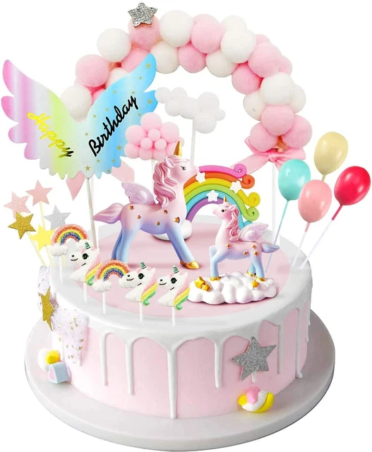Topper de pastel de unicornio IZoeL, decoración de pastel de cumpleaños, 1 arco de bola de pelo rosa 1 2 4