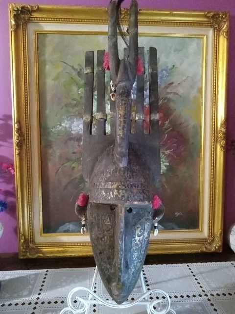 Vintage African N'Tomo Wood And Brass Bamana 6 Horned 23" Tribal Mask