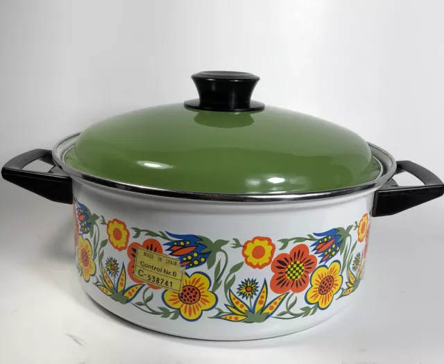 Retro Enamelware Soup Pot Floral 70s Orange Green Dutch Oven Porcelain Clad 4qt 2