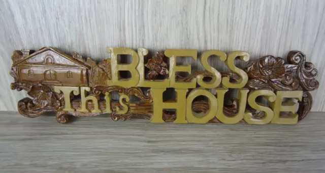 VTG Bless This House Hanging Decoration 60s 70s Brown Floral Cottage Garden Home