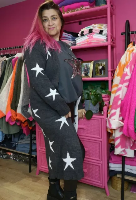 Star Cardigan Damen lang klobig gemütlich warmgrau/weiß offen vorne O/Größe UK Geschenk