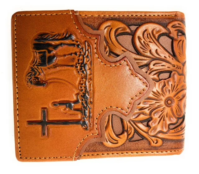 Western Men's Genuine Leather Tooled Laser Cut Praying Cowboy Wallet 9 colors