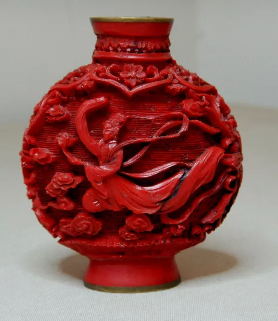 Old Chinese Cinnabar Hand Carved Decorated Red Lacquer Snuff Bottle