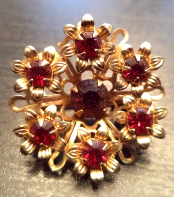 Stunning Vintage Estate High End Red Rhinestone Flower 1" Brooch!!! G154