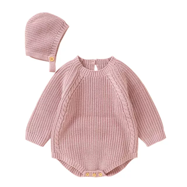Newborn Infant Baby Solid Knit Romper Cotton Long Sleeve Boy Girl Sweater Hats 3