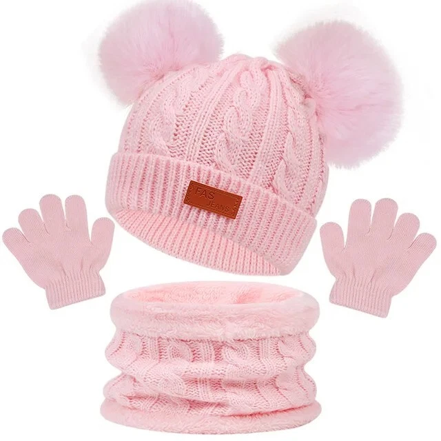 Ensemble Hiver Enfant 3 En 1 - Bonnet à Pompon, écharpe Et Gants Doublés Polaire - Dégradé Rose Ou Bleu (3-8 Ans)
