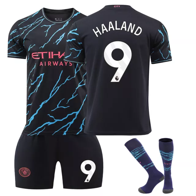 Kids Football Kit 2023 2024 Manchester City Harland 9 Second Away Outfit Set