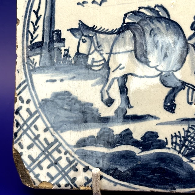 Antique English London Tile With Donkey and Trader 18th Century 3