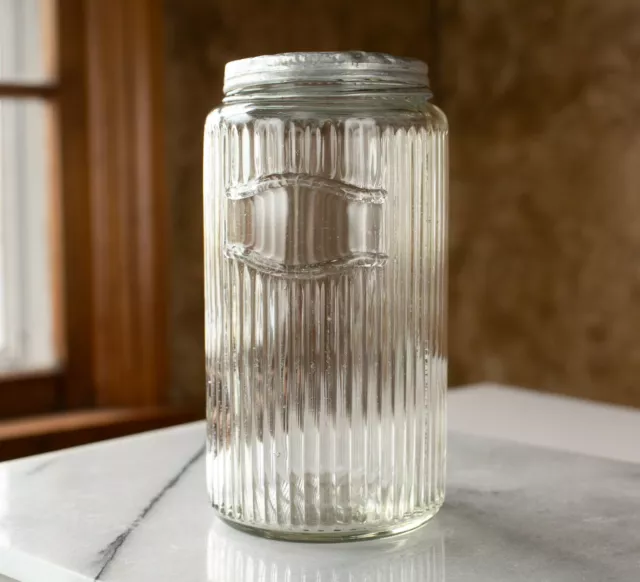 HOOSIER STYLE CABINET Sneath Clear Glass Jar Canister Ribbed with Metal Lid 8 in