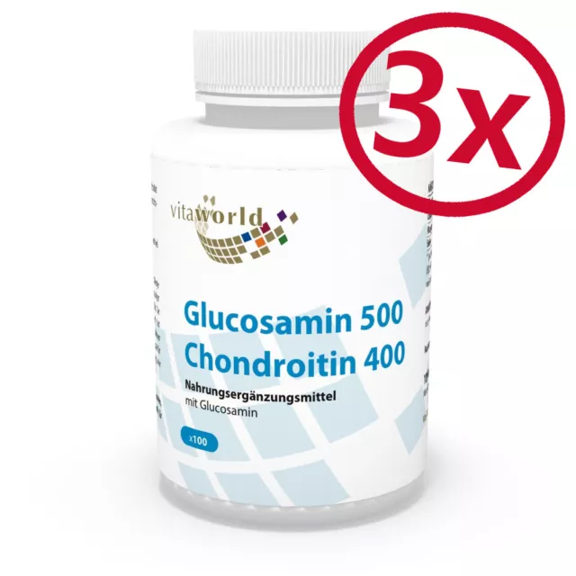 Pack de 3 Glucosamine 500mg Chondroïtine 400mg 300 Capsules Vita World Allemagne