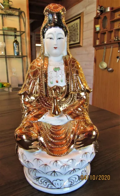 Vtg Chinese Gold Gilt Porcelain Kwan-Yin Quan-Yin Goddess of Mercy Statue *13.5"