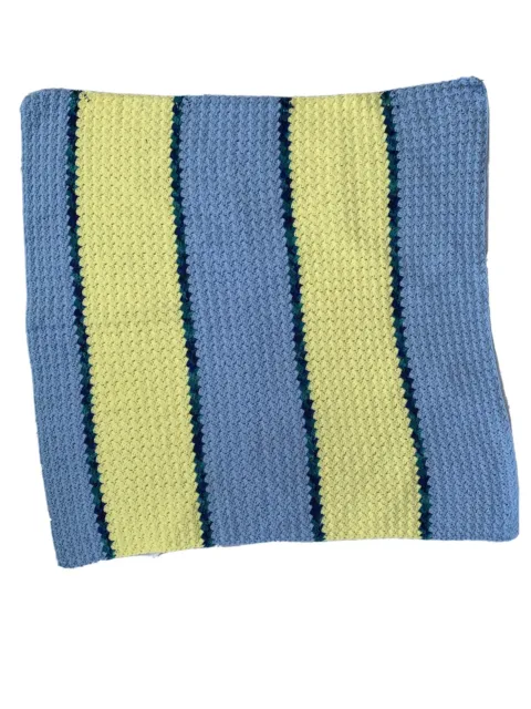 Handmade Blue Yellow Crochet Afghan Throw Baby Blanket Striped 46" x 46"