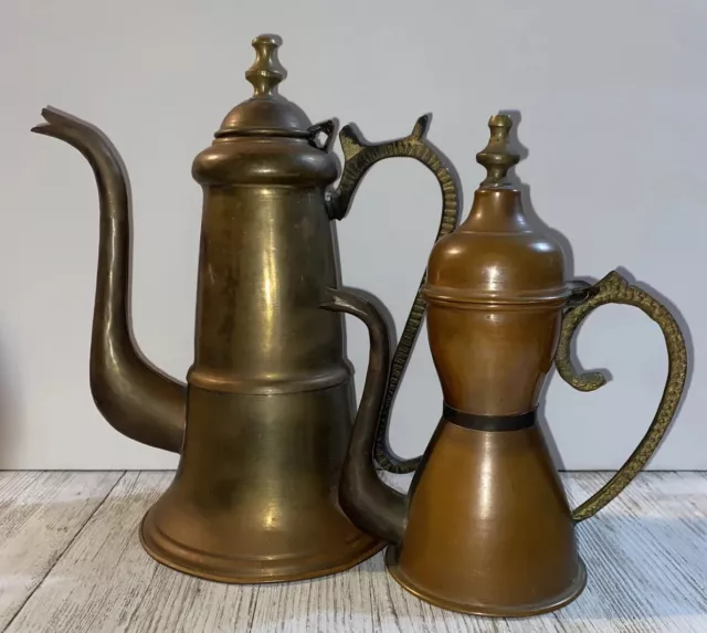 2 Antique  Coffee/Tea Pots Red Copper And Brass Arabian Islamic