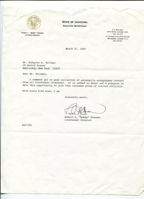 Robert Bobby Freeman Lieutenant Governor Louisiana Signed Autograph Letter