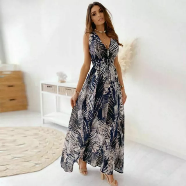 Womens Floral Boho Long Maxi Dress Ladies Summer V Neck Holiday Dresses Sundress