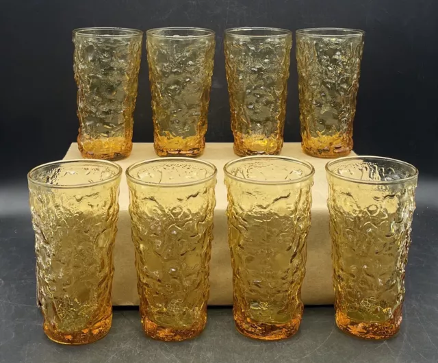 Set of 8 Anchor Hocking 8 oz Lido Milano Gold Amber Juice Glasses Crinkle Glass