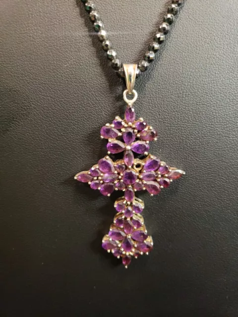 925 Sterling Silver Amethyst Gem Pendant Necklace Heavy Cross