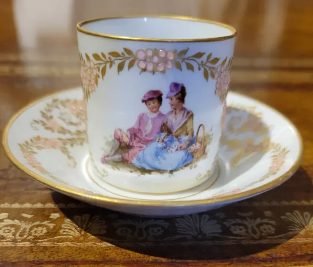 Antique KPM Berlin Porcelain Scenic Demitasse Jeweled Cup & Saucer. Germany.