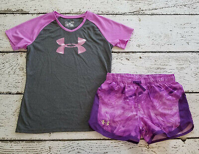 UNDER ARMOUR Girls Purple Gray Athletic Tee and Shorts Set Youth Large YLG