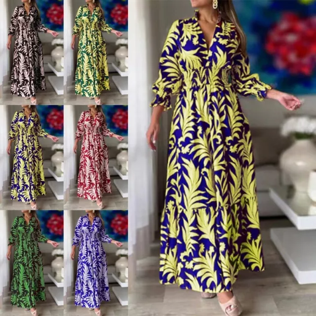 Ladies Long Dress Sleeve Maxi Dresses Pullover V Neck Women Swing Party Kaftan