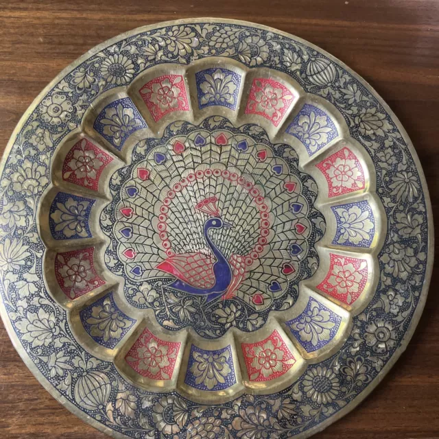 Brass peacock decorative plate wall hanging 11 1/2” Engraved and Enameled