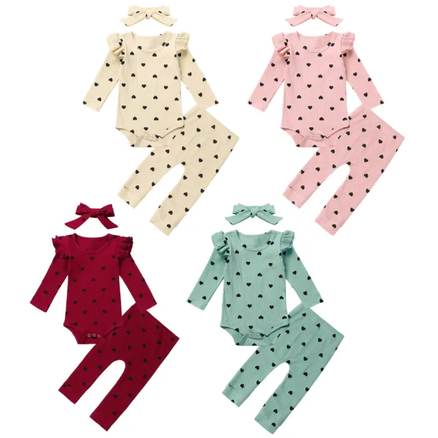 Baby Girls Clothes Set Long Sleeve Romper Top Pants Headband Love Print Outfits