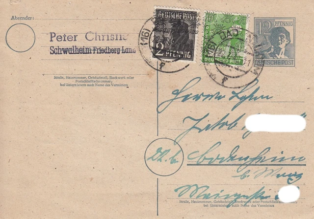 Alliierte Besetzung, Postkarte P962 echt gelaufen mit Nr. 39 II K und 36 I