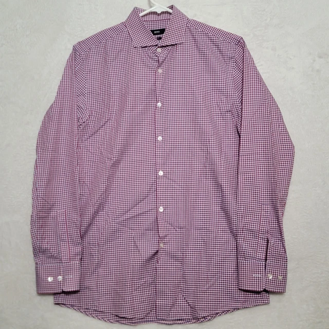 Hugo Boss Sharp Fit Mens 16 34/35 Long Sleeve Button Plaid Shirt Red White Blue
