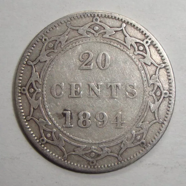 1894 Newfoundland Canada Twenty 20 Cents Victoria Sterling Silver Coin