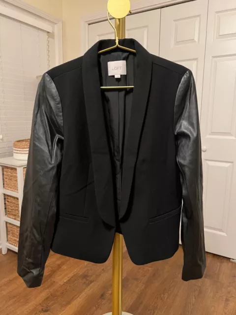 ANN TAYLOR LOFT Jacket Women Size 6 Black Open Blazer Coat Faux Leather ...