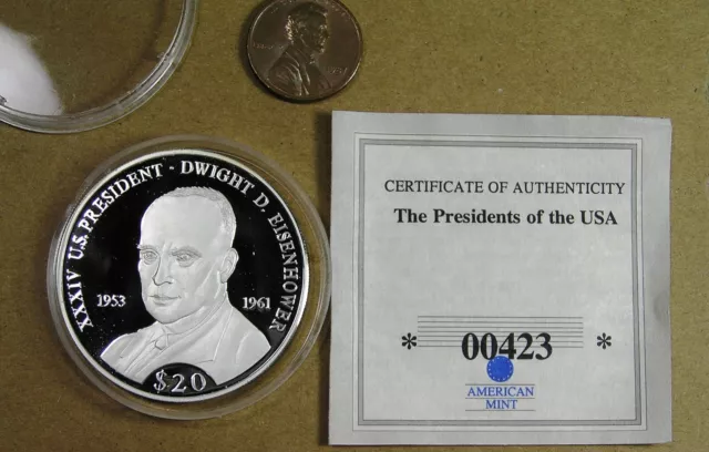 Liberia Eisenhower $20 Dollars .999 Silver Coin with COA, 2000 Proof