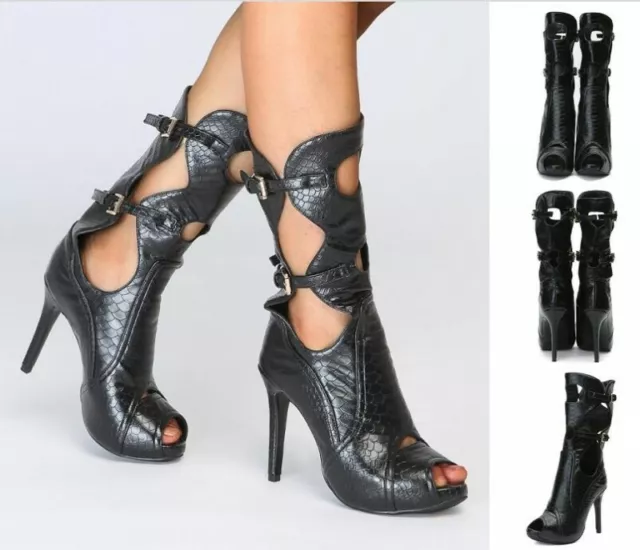 Womens Black Peep Toe Hollow Out Buckle Strap Gladiator High Heels Sandals Boots