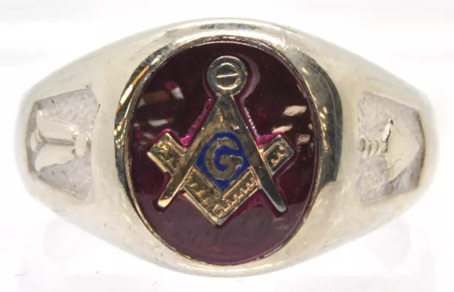 10k White Gold Synthetic Ruby Freemason Masonic Blue Lodge Men's Ring Compass