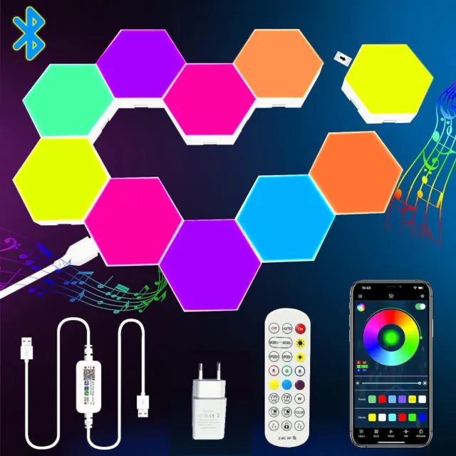 10Tlg Hexagon LED Panel RGB Sechseck Wandleuchte Gaming Wand Licht Musik Sync