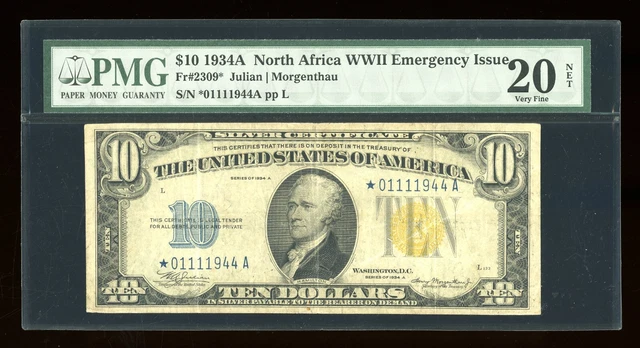 DBR 1934-A $10 North Africa Silver STAR Fr. 2309* PMG Net 20 Serial *01111944A
