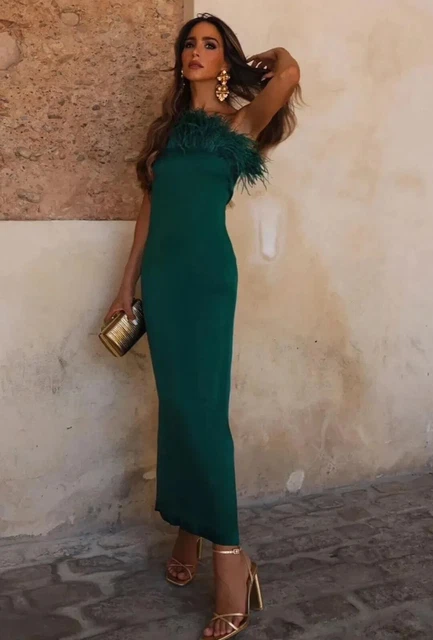 zara green feather dress Zara Green Satin Feather Dress