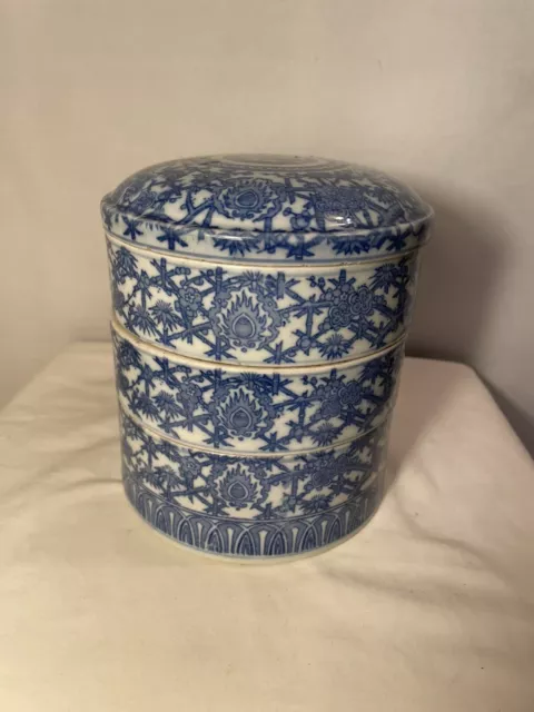 Blue White Porcelain Chinese Stacking Boxes, Antique, Signed