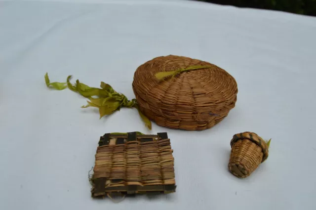 Antique Sweet Grass Basket Thimble Holder Needle Holder Original Ring to Hang