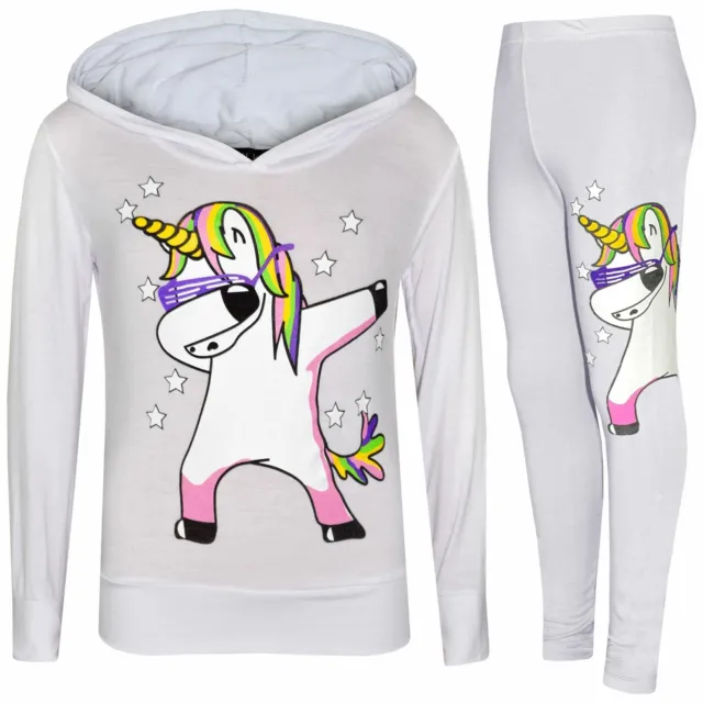 Set leggings top con cappuccio bianco per bambine unicorno arcobaleno unicorno dab 7-13