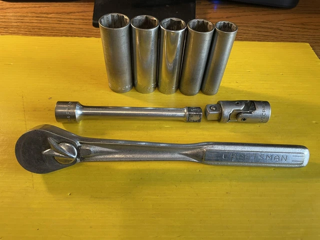 Craftsman 1/2” Dr. V Ratchet & 5 Deep Sockets 5/8-7/8”+Exts. Used Made Usa L38