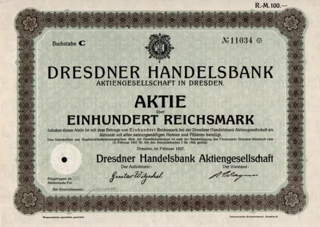 100 Stück Dresdner Handelsbank Aktiengesellschaft in Dresden 1927 100 RM