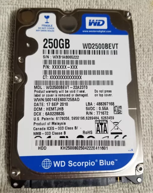 Western Digital Scorpio Blue 250GB Internal 5400RPM 2.5" (WD2500BEVT) HDD