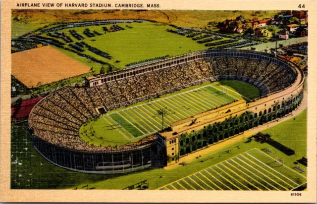 Linen Postcard Airplane View of Harvard Stadium in Cambridge, Massachusetts