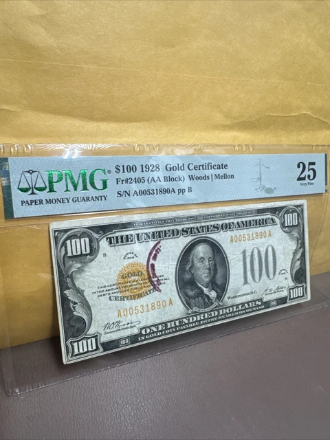 Fr. 2405 1928 $100 One Hundred Dollars Gold Certificate Note Pmg Very Fine-25