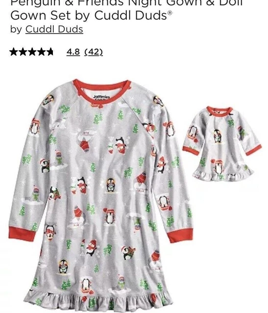 Cuddl Duds Christmas Nightgown with matching doll Gown Girls Size 7/8 Penguins
