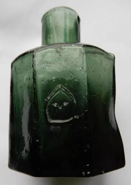 Dark green crudely made large size octagonal Morrell ink bottle c1900's (J)